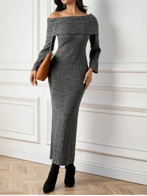 Off-Shoulder Long Sleeve Knitted Maxi Dress