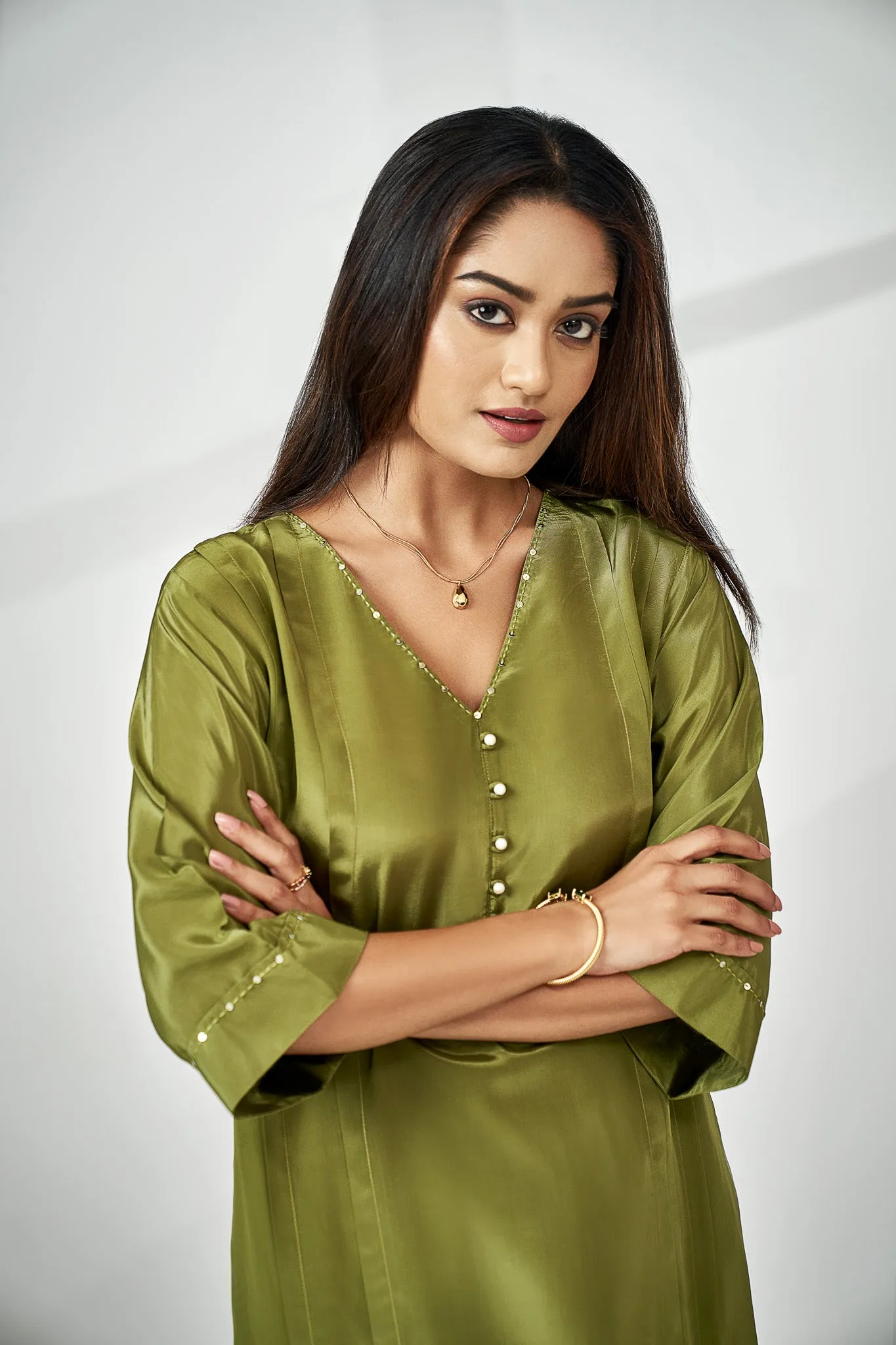 Olive Natural Crepe Kurta Set