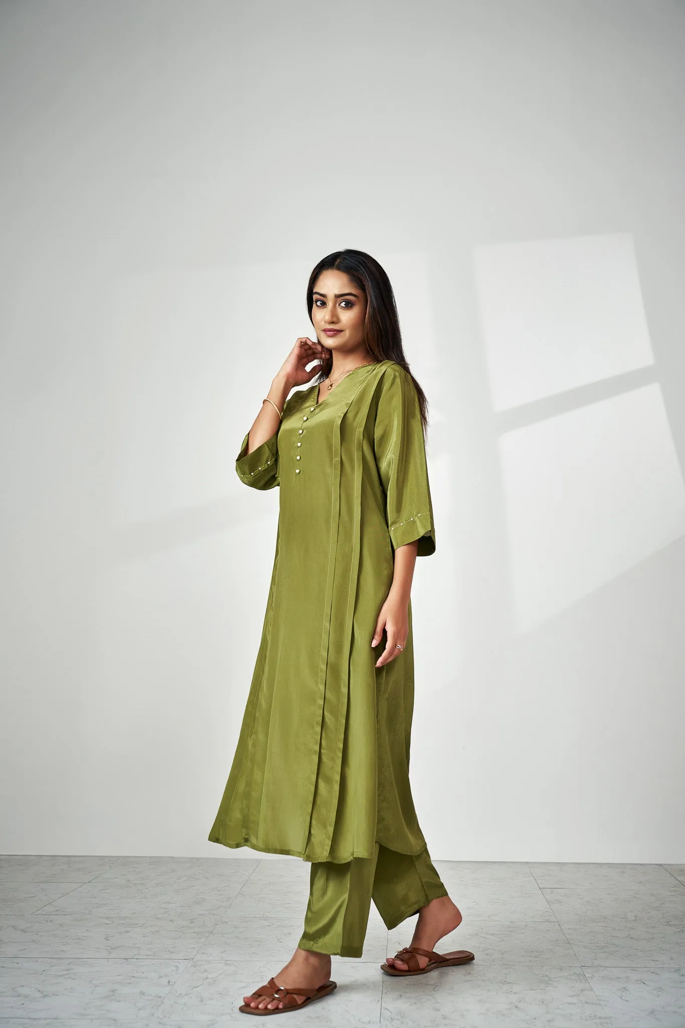 Olive Natural Crepe Kurta Set