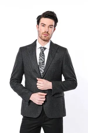 Peak Lapel Dark Grey Blazer - Wessi