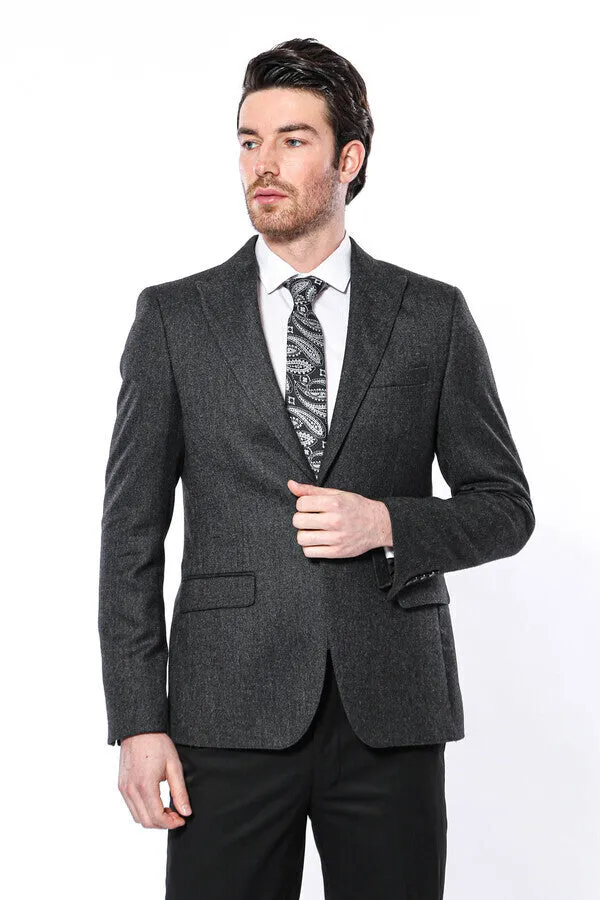 Peak Lapel Dark Grey Blazer - Wessi