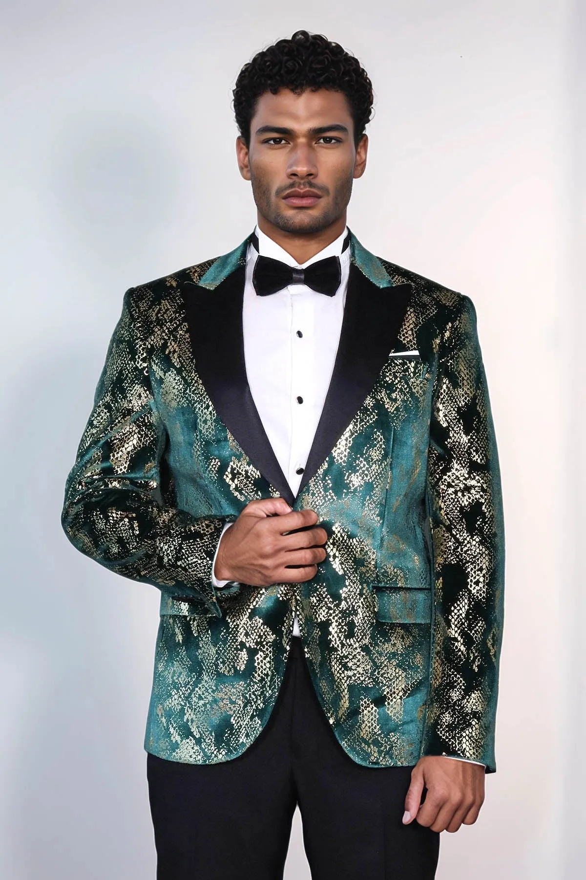 Peak Lapel Slim Fit Gold Patterned Green Men Prom Blazer
