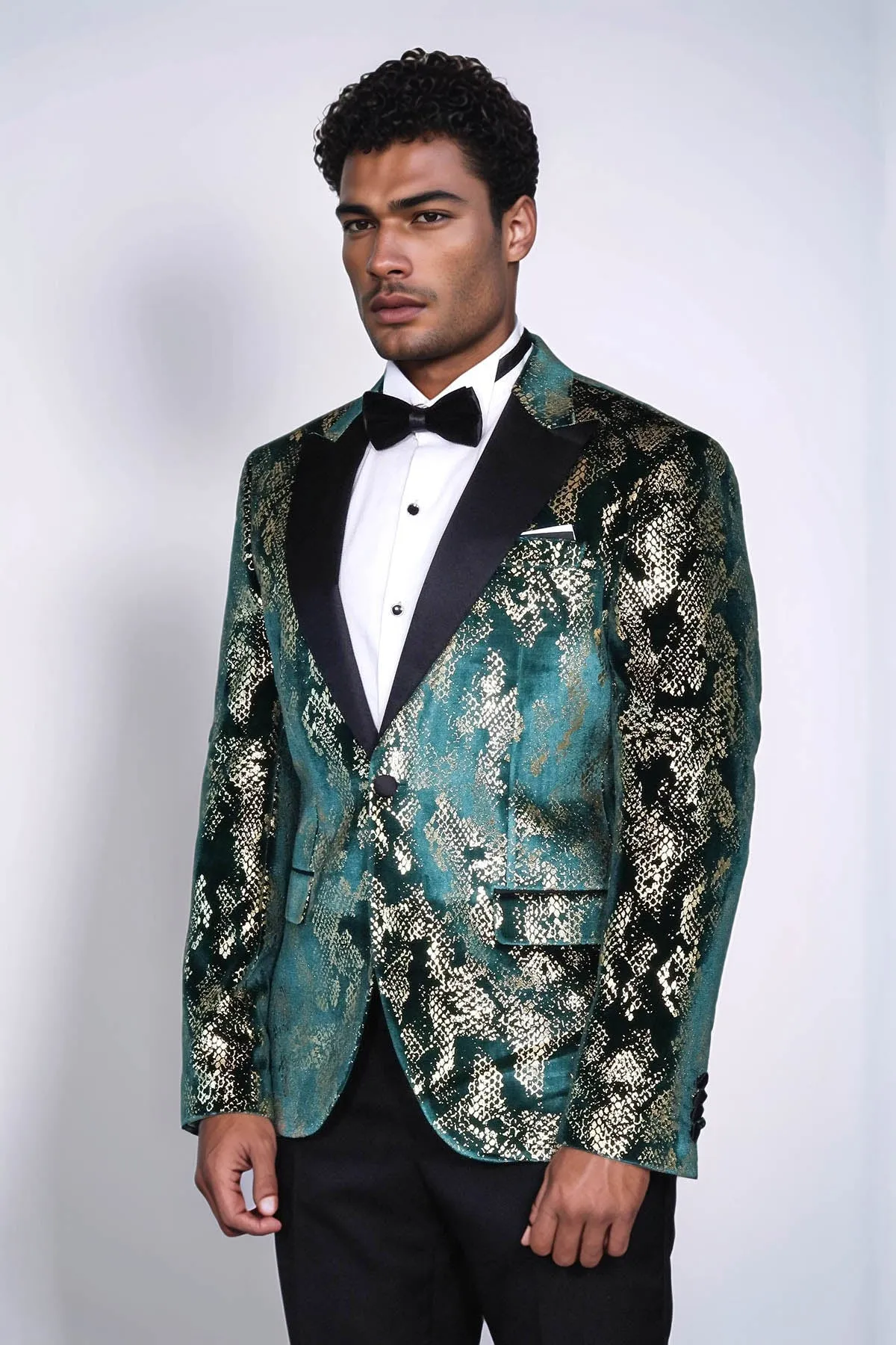 Peak Lapel Slim Fit Gold Patterned Green Men Prom Blazer