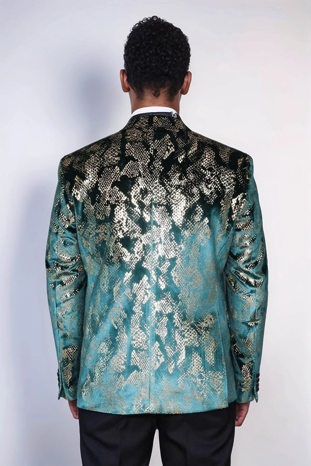 Peak Lapel Slim Fit Gold Patterned Green Men Prom Blazer