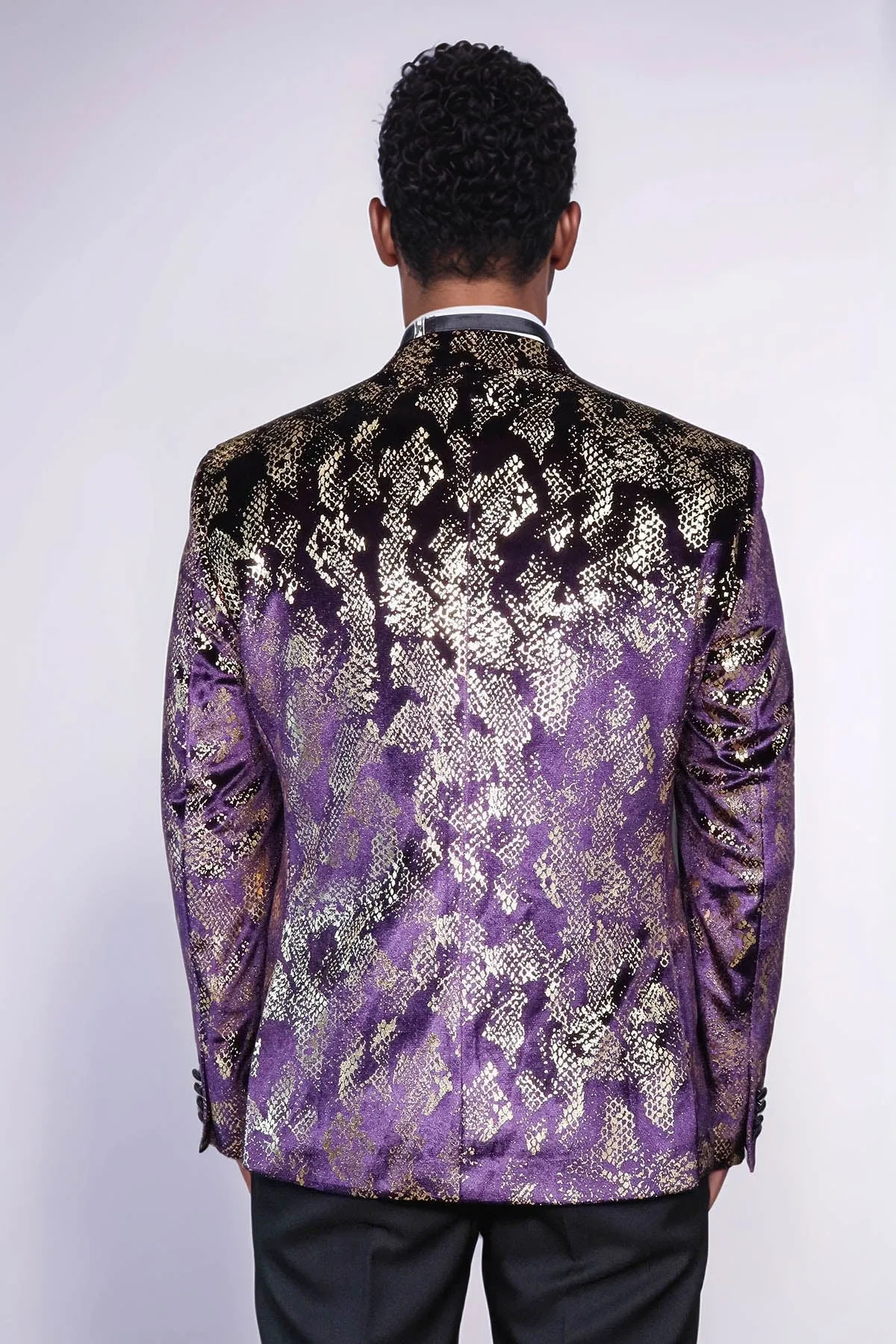 Peak Lapel Slim Fit Gold Patterned Purple Men Prom Blazer