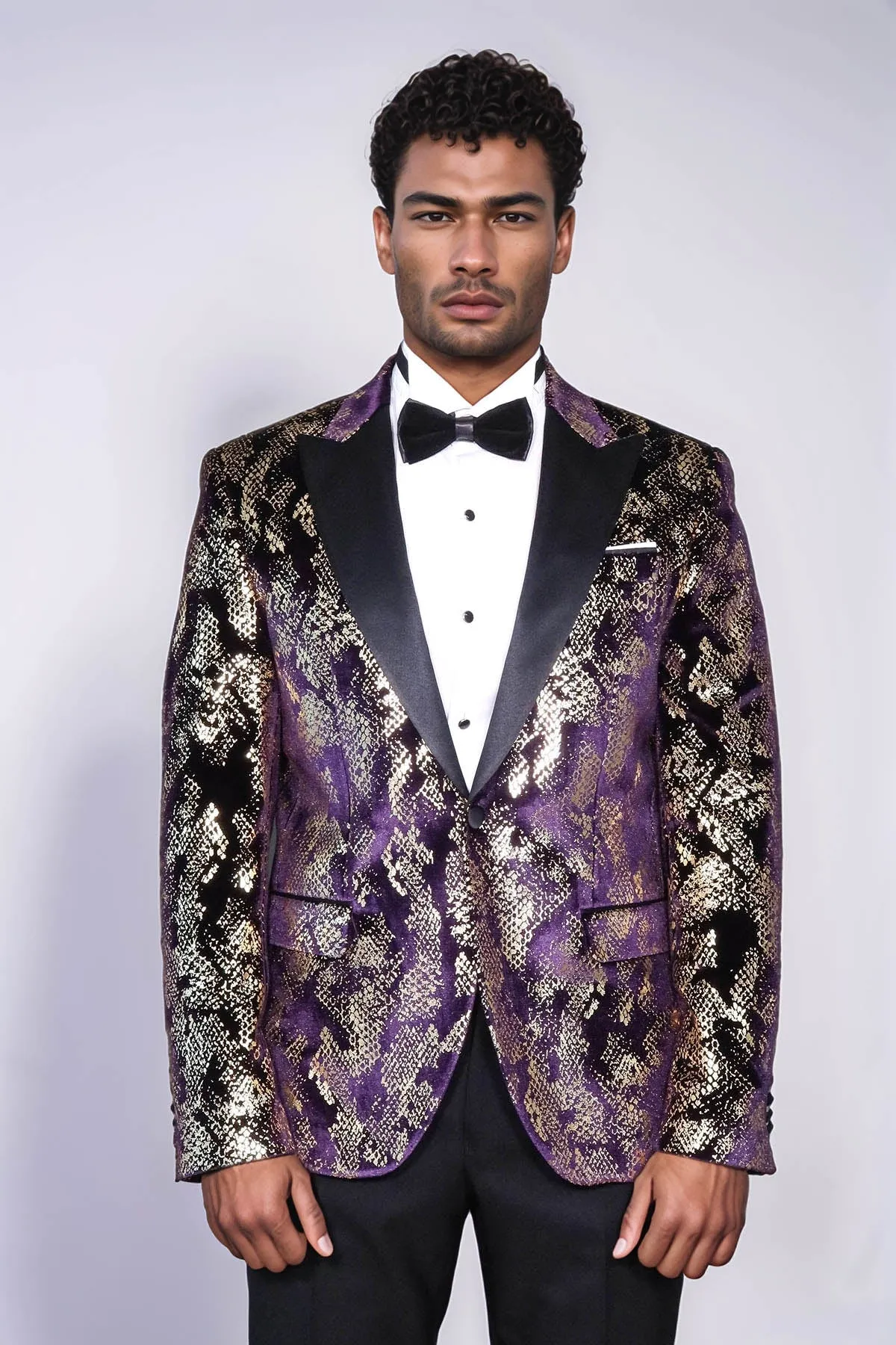 Peak Lapel Slim Fit Gold Patterned Purple Men Prom Blazer