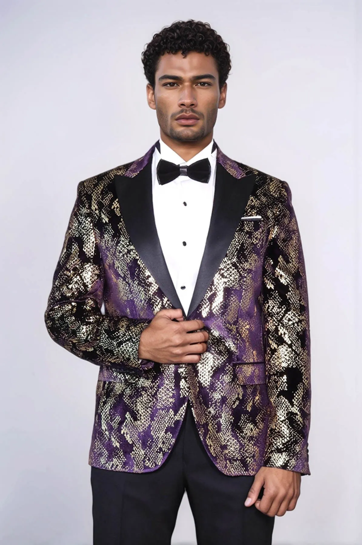 Peak Lapel Slim Fit Gold Patterned Purple Men Prom Blazer