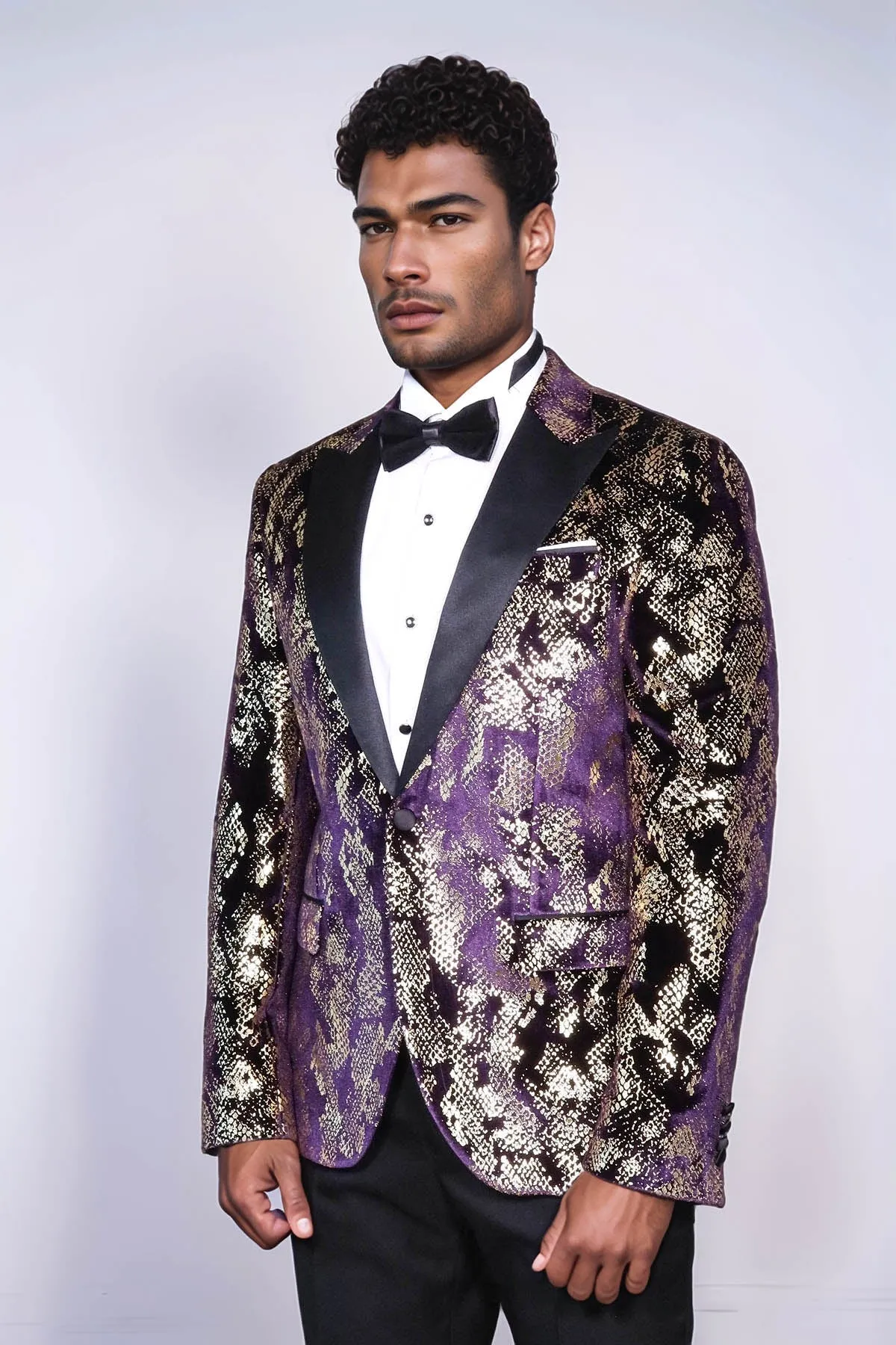 Peak Lapel Slim Fit Gold Patterned Purple Men Prom Blazer