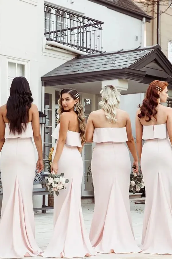 Pink Mermaid Satin Floor-length Strapless Simple Bridesmaid Dresses, MBD272