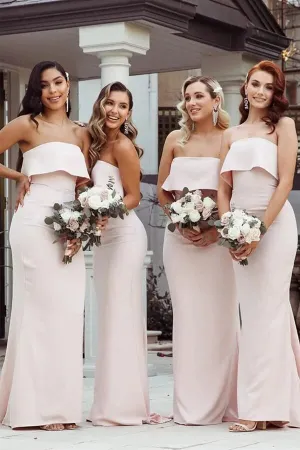 Pink Mermaid Satin Floor-length Strapless Simple Bridesmaid Dresses, MBD272