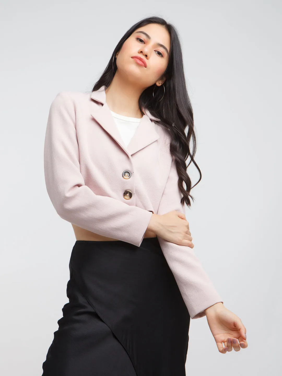 Pink Solid Crop Blazer