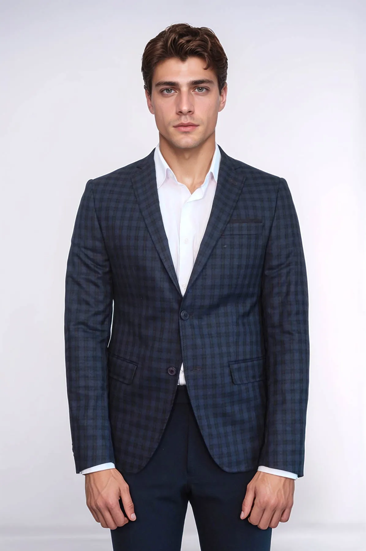 Plaid Navy Blue Jacket with Handkerchief - Wessi