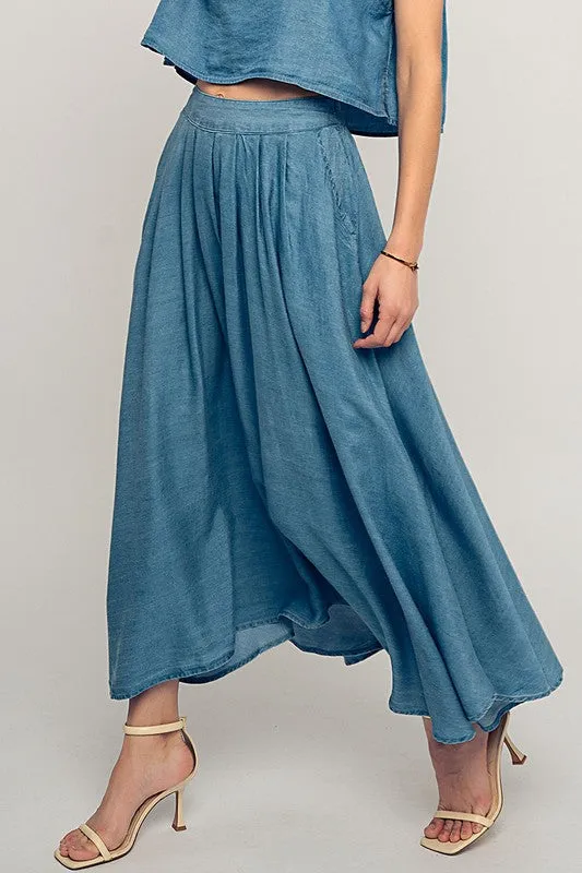 Pleated Chambray Maxi Skirt