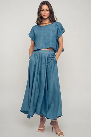 Pleated Chambray Maxi Skirt