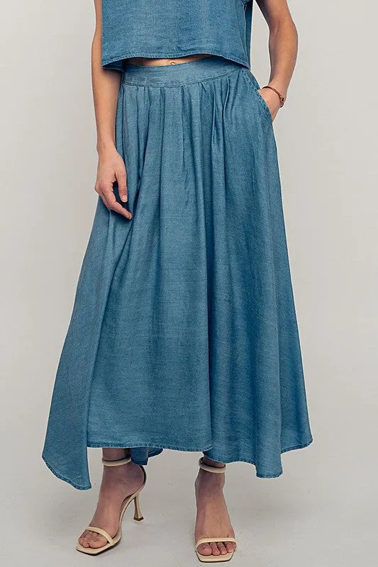 Pleated Chambray Maxi Skirt