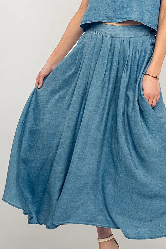 Pleated Chambray Maxi Skirt