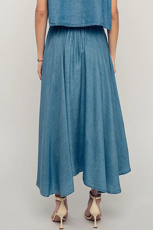 Pleated Chambray Maxi Skirt