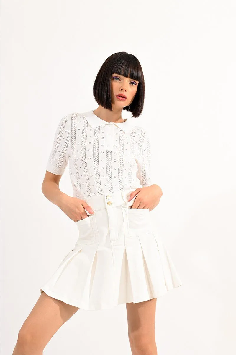 PLEATED DENIM MINI SKIRT
