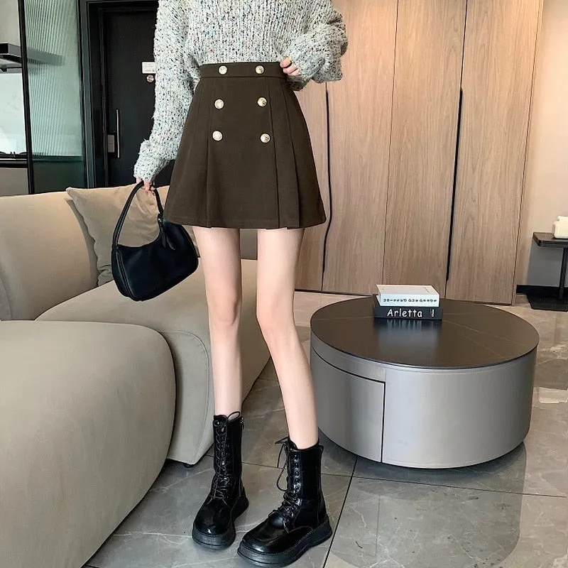 Pleated Skirts Women Button Leisure Designer Pure Colors Stylish Skirts