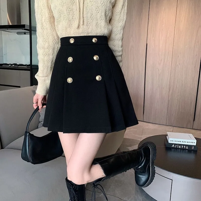Pleated Skirts Women Button Leisure Designer Pure Colors Stylish Skirts