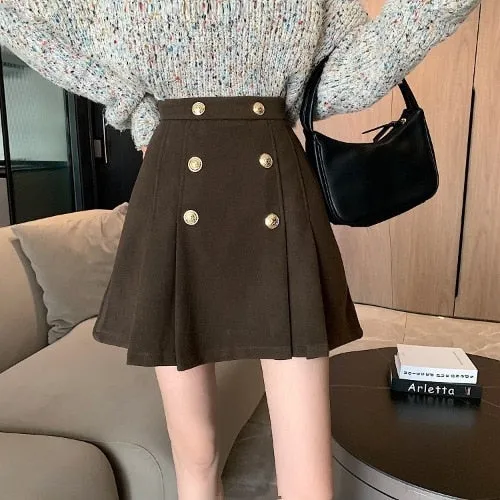 Pleated Skirts Women Button Leisure Designer Pure Colors Stylish Skirts