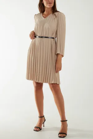 Pleated V-Neck Belted Mini Dress