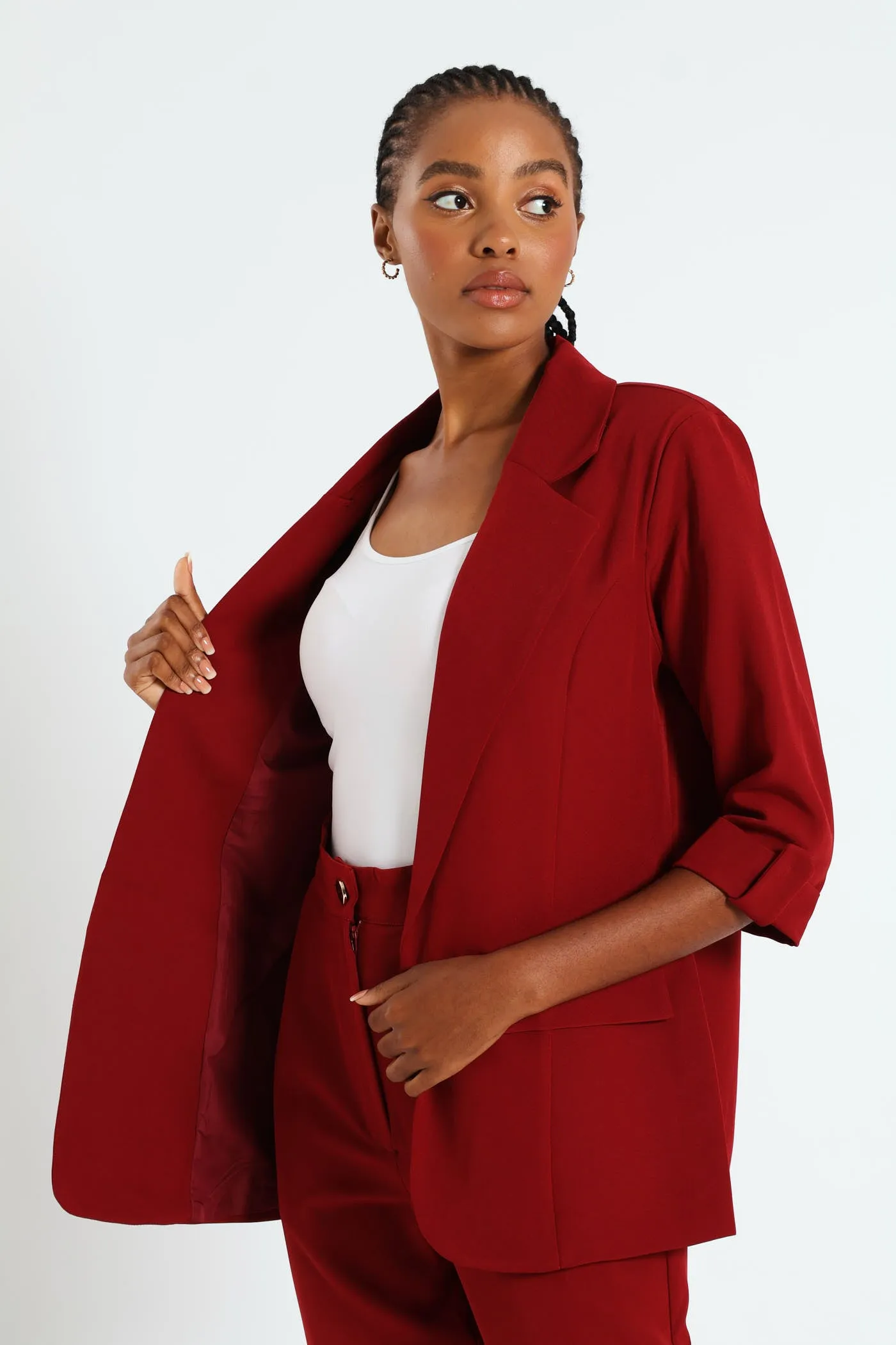 Pointed Tab Detail Blazer - Wine