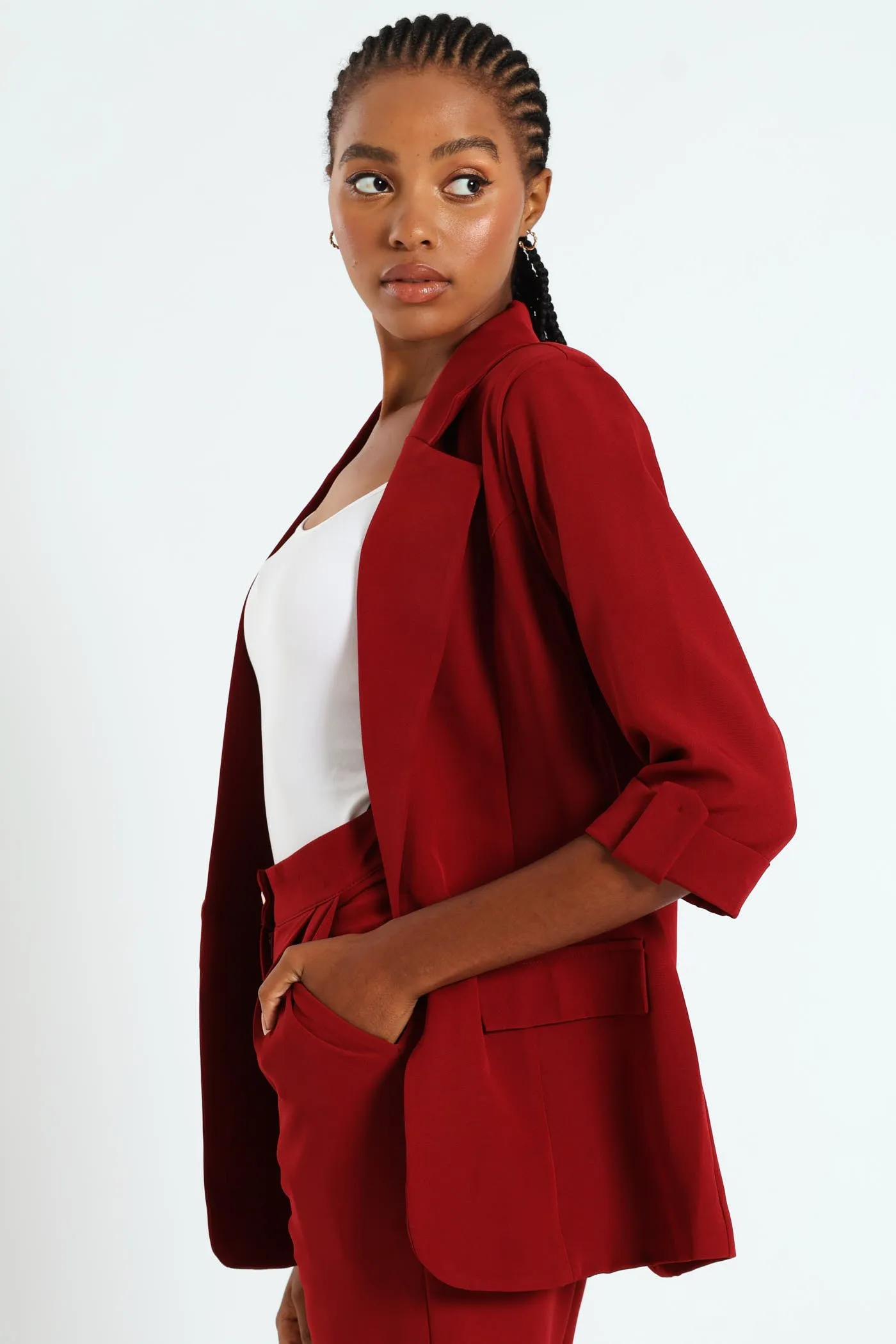 Pointed Tab Detail Blazer - Wine