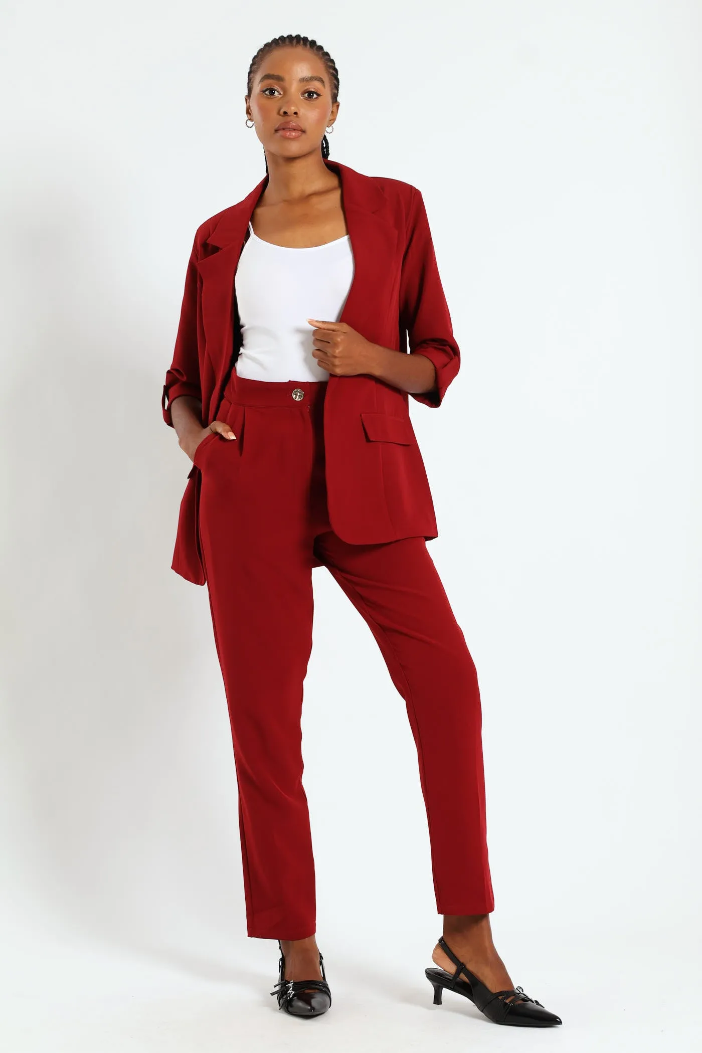Pointed Tab Detail Blazer - Wine