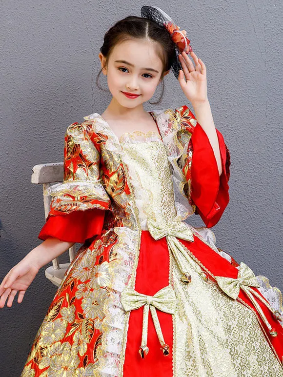 Polyester Fiber Tea Party Bows 3/4 Length Sleeves Polyester Fall Dress Floral Print Gothic Kids' Lolita Dresses