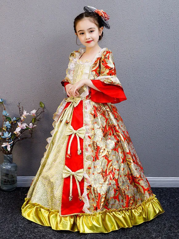 Polyester Fiber Tea Party Bows 3/4 Length Sleeves Polyester Fall Dress Floral Print Gothic Kids' Lolita Dresses