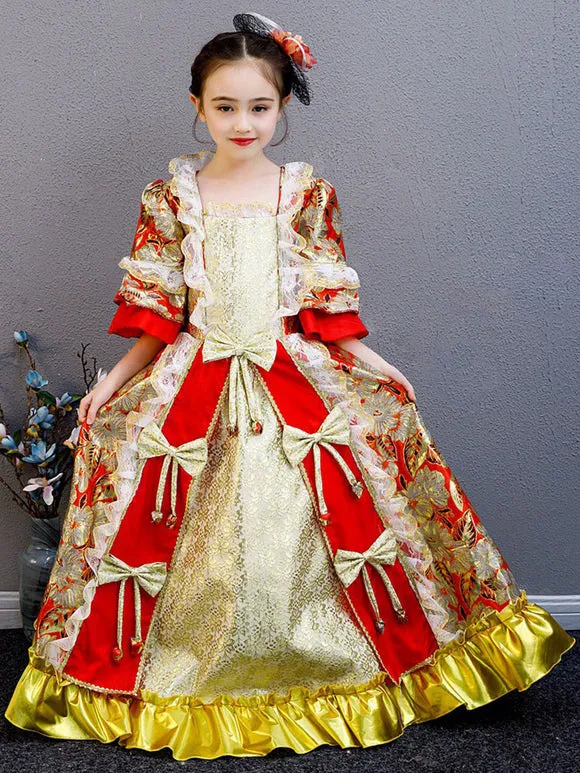Polyester Fiber Tea Party Bows 3/4 Length Sleeves Polyester Fall Dress Floral Print Gothic Kids' Lolita Dresses