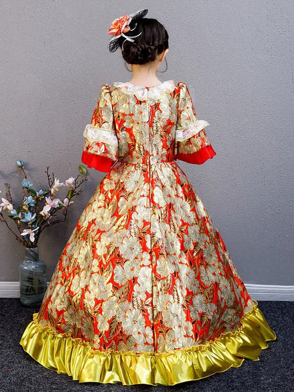 Polyester Fiber Tea Party Bows 3/4 Length Sleeves Polyester Fall Dress Floral Print Gothic Kids' Lolita Dresses