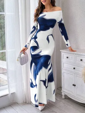 Privé Women's Off-Shoulder Ink Printed Maxi Dress