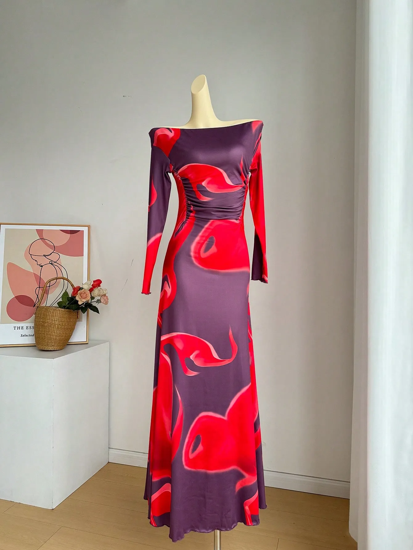 Privé Women's Off-Shoulder Ink Printed Maxi Dress