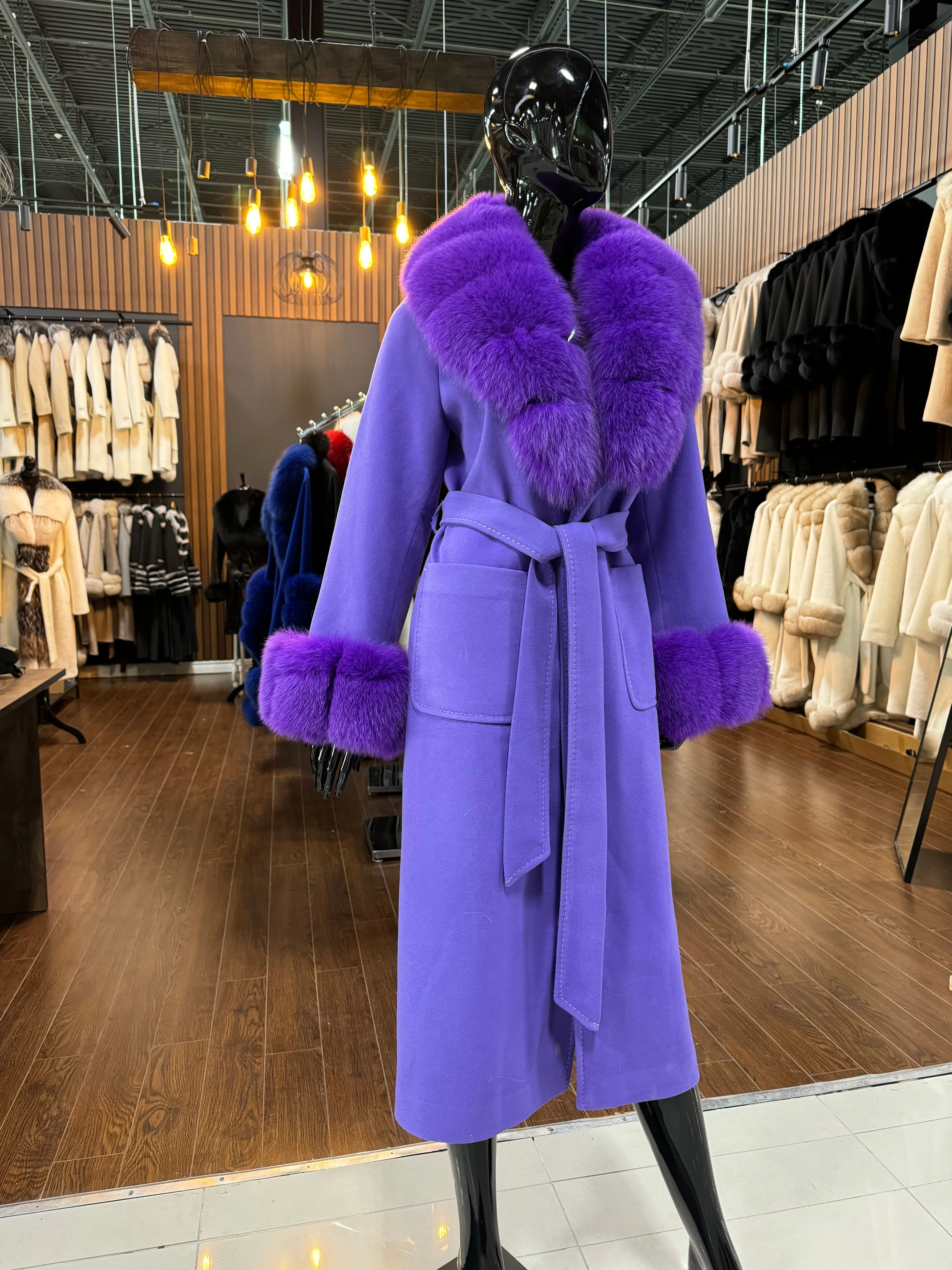 PURPLE CASHMERE AND FOX FUR COAT-SKU 1034