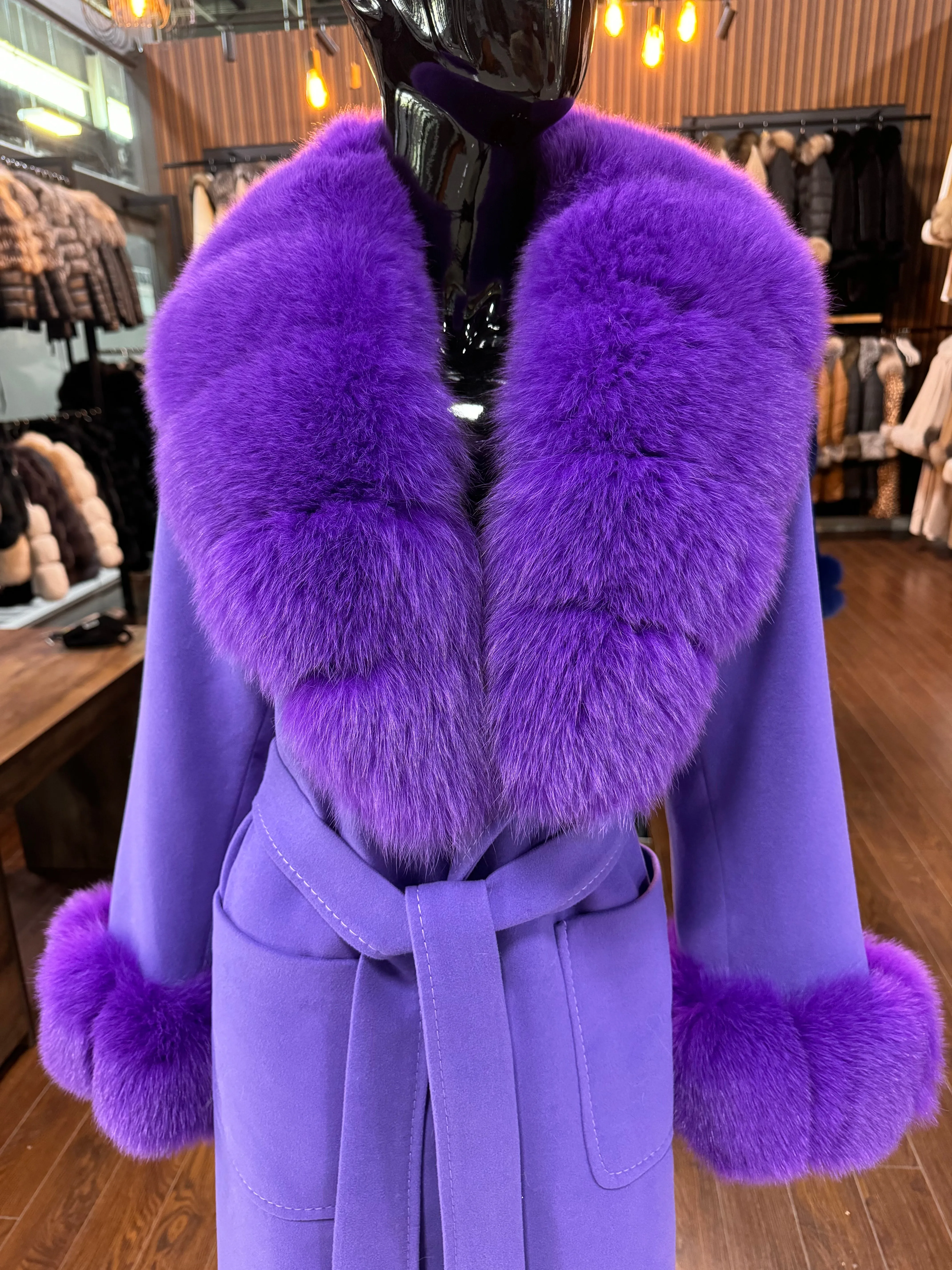 PURPLE CASHMERE AND FOX FUR COAT-SKU 1034