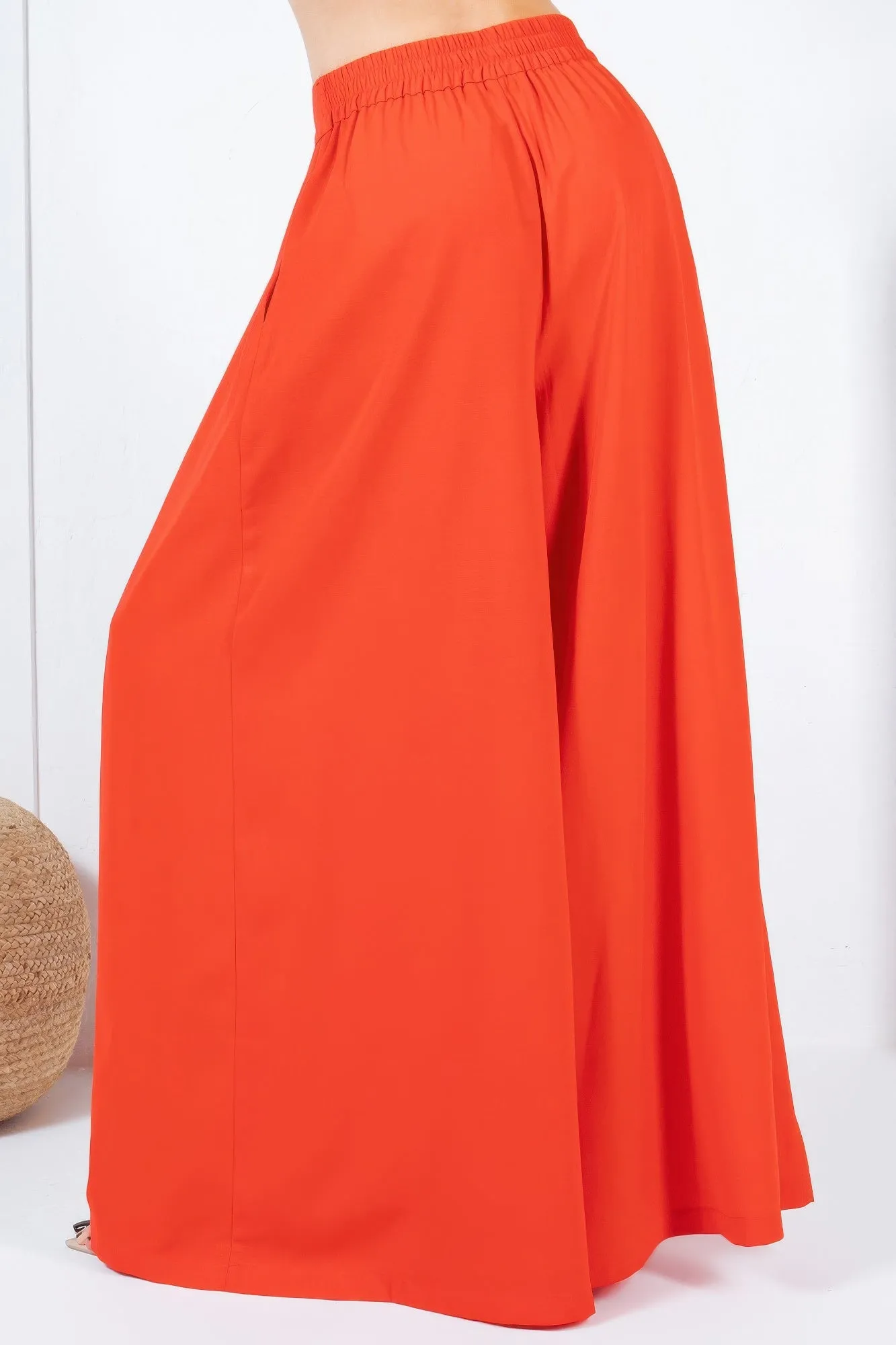 Red Large Hem Wide Leg Pleated Solid Pants
