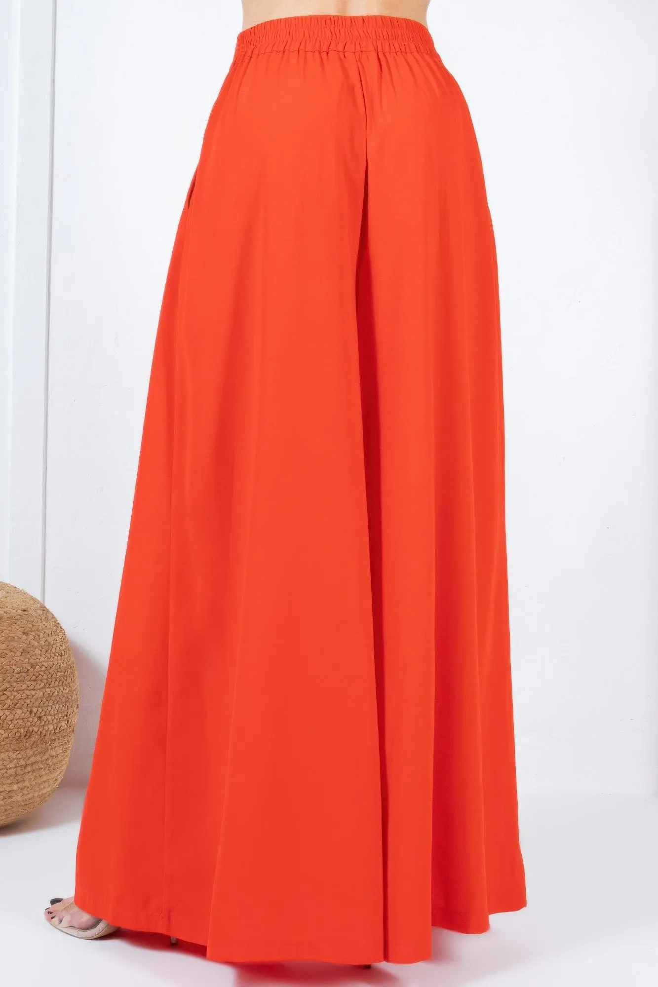 Red Large Hem Wide Leg Pleated Solid Pants