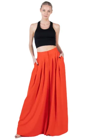 Red Large Hem Wide Leg Pleated Solid Pants