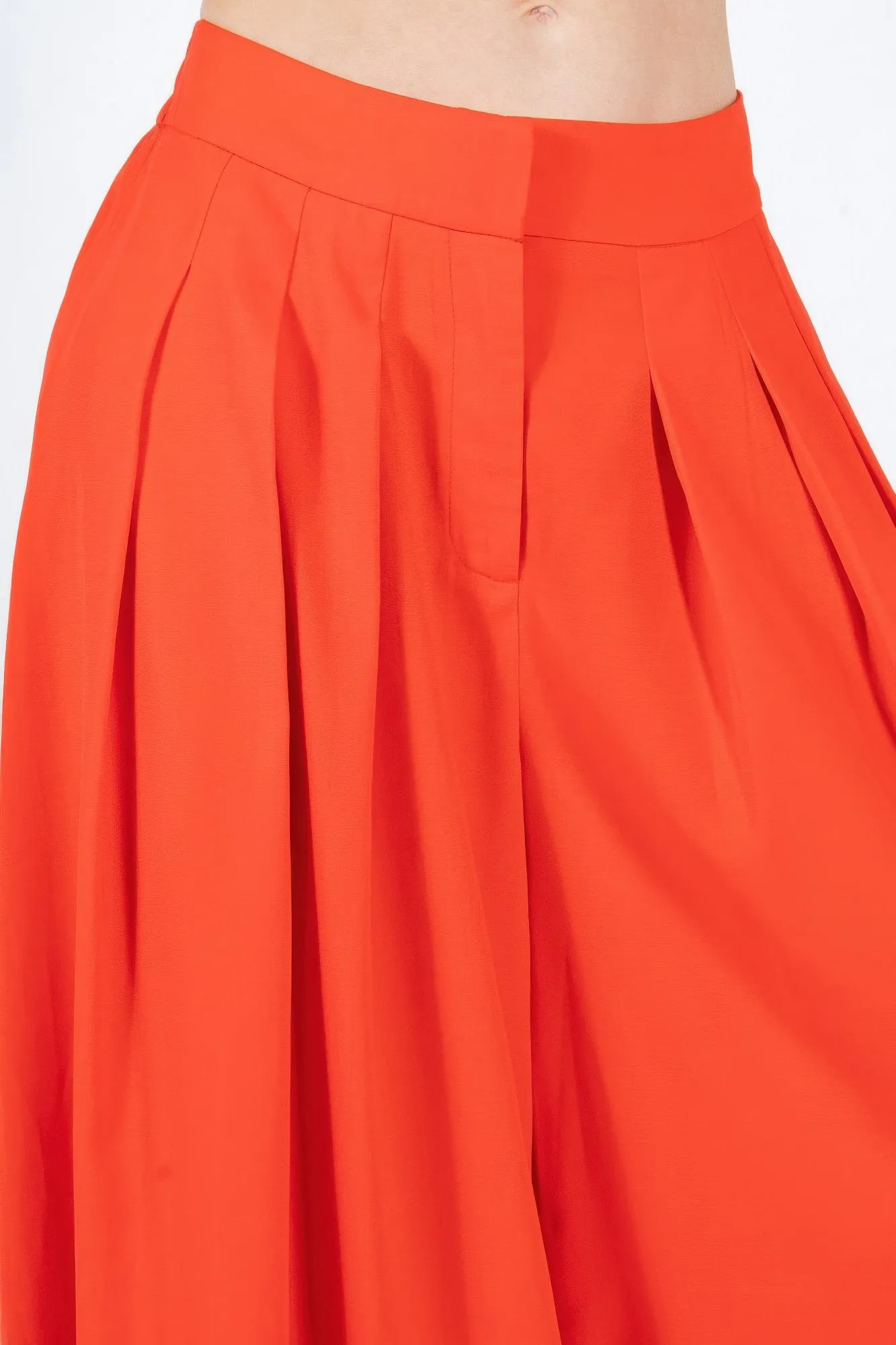 Red Large Hem Wide Leg Pleated Solid Pants