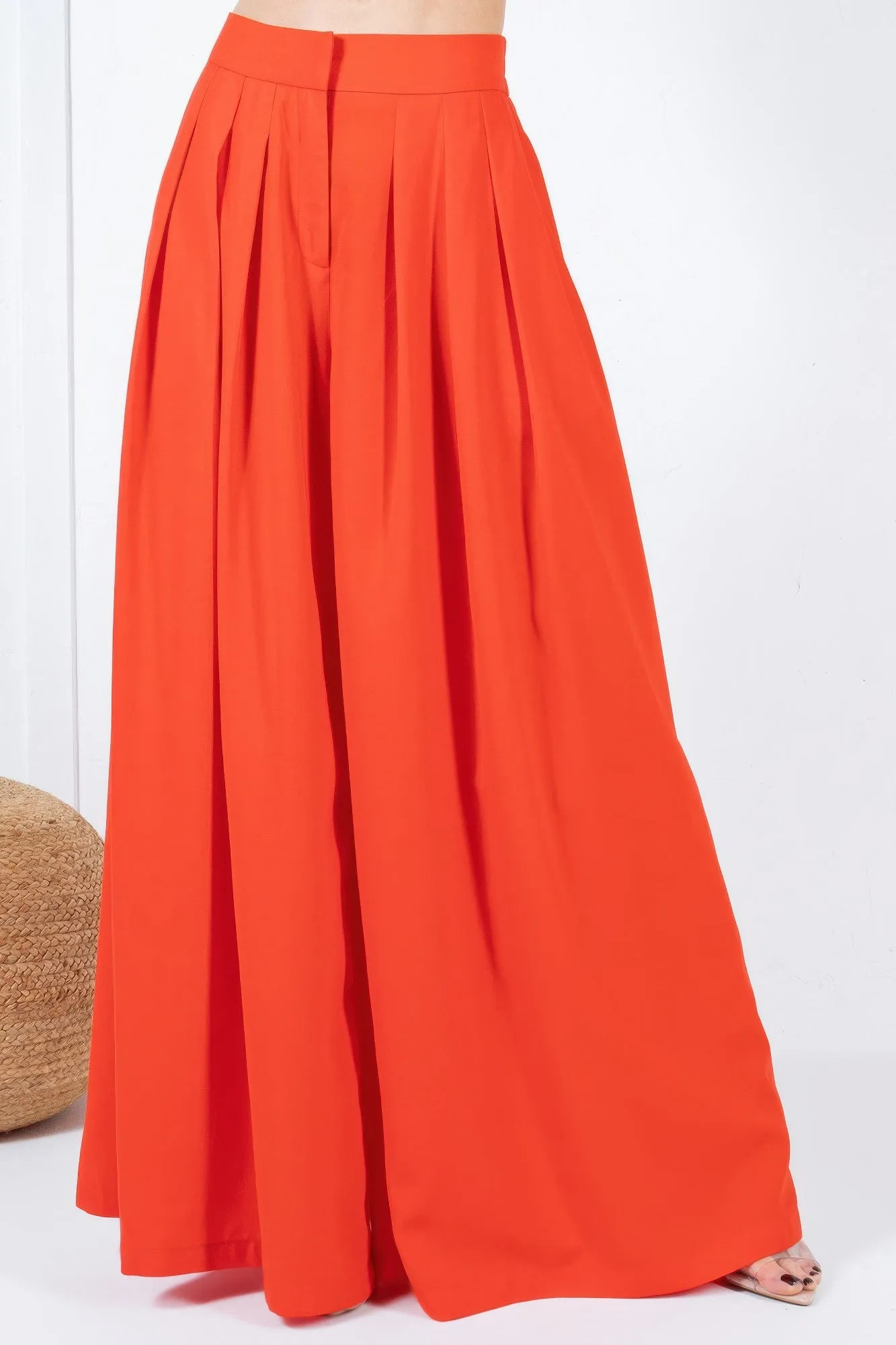 Red Large Hem Wide Leg Pleated Solid Pants