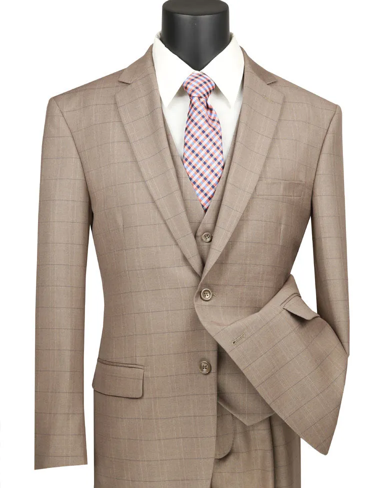 Regular Fit Glen Plaid 3 Piece Suit (Tan) V2RW-15