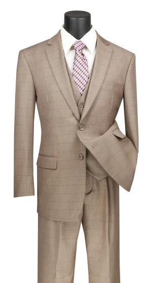 Regular Fit Glen Plaid 3 Piece Suit (Tan) V2RW-15