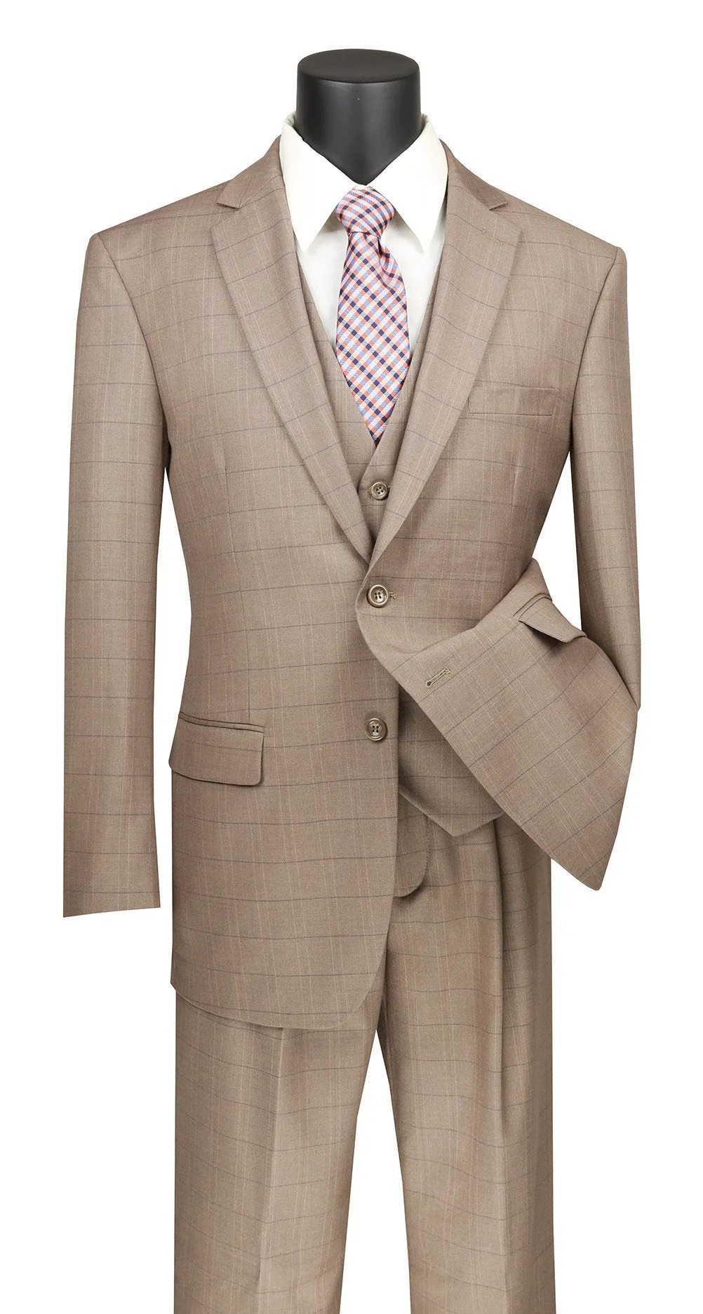 Regular Fit Glen Plaid 3 Piece Suit (Tan) V2RW-15