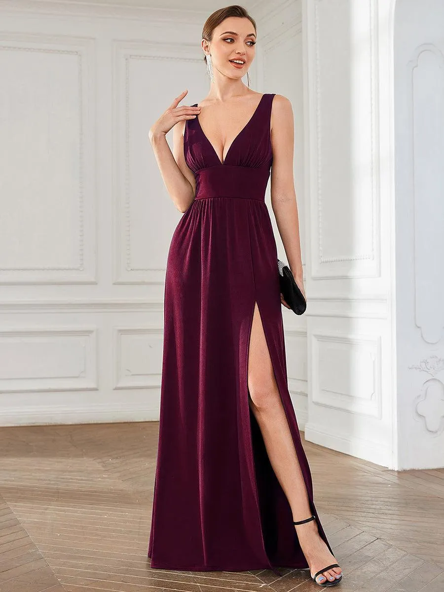 Robe gala longue taille haute à col V