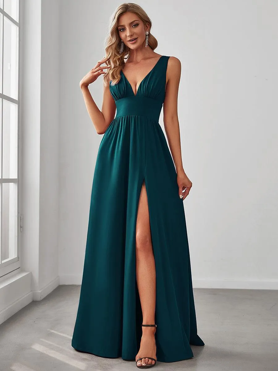 Robe gala longue taille haute à col V