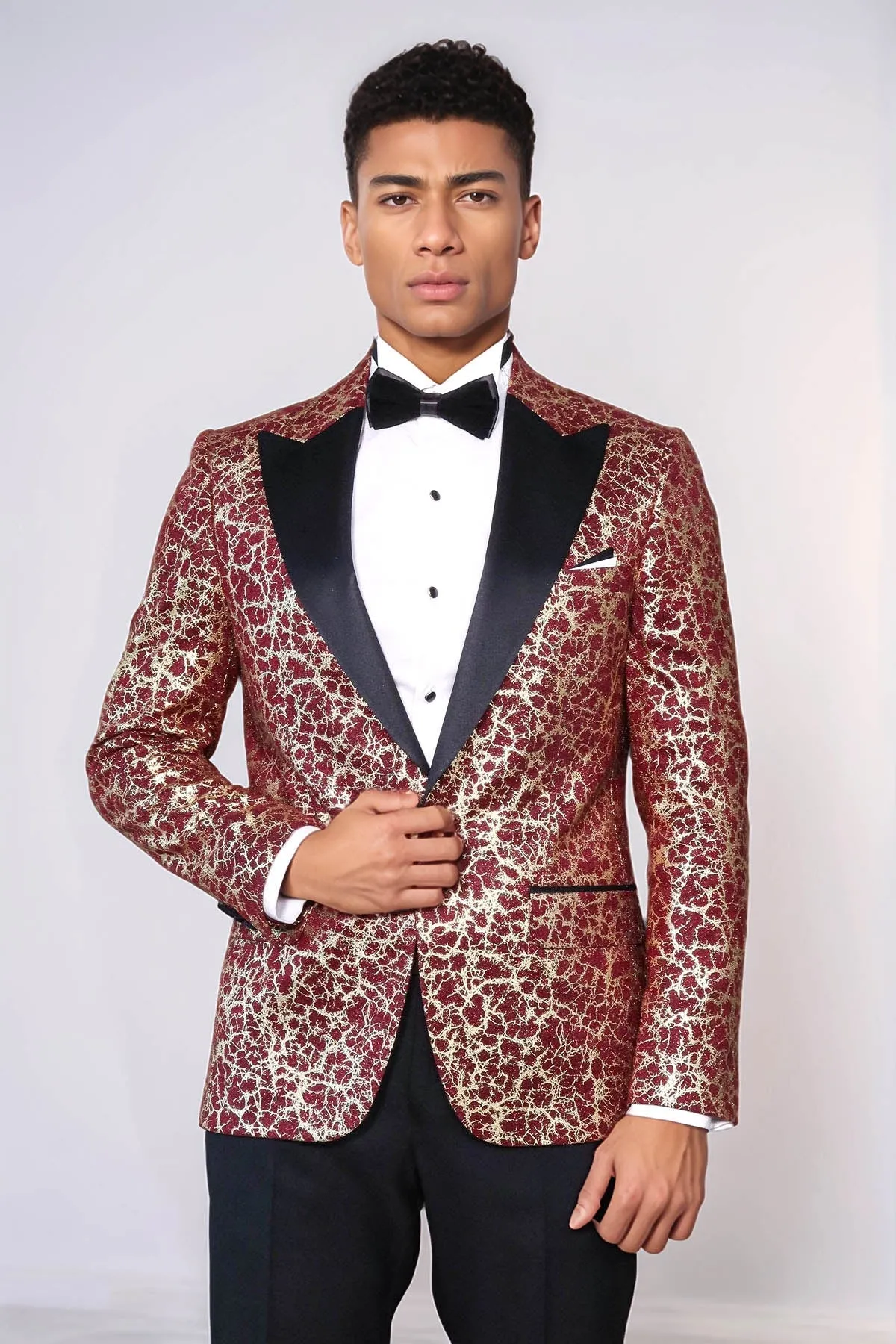 Root Pattern Peak Lapel Burgundy Men Prom Blazer - Wessi