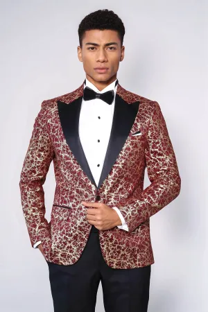 Root Pattern Peak Lapel Burgundy Men Prom Blazer - Wessi
