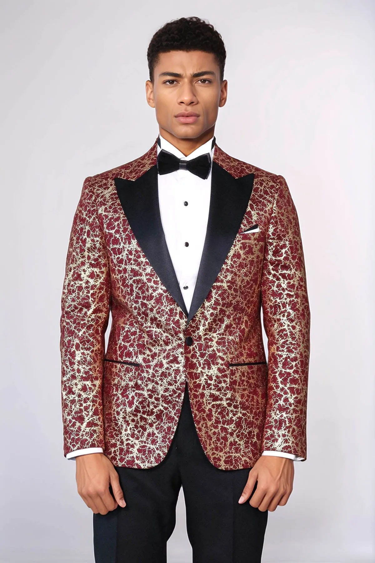 Root Pattern Peak Lapel Burgundy Men Prom Blazer - Wessi
